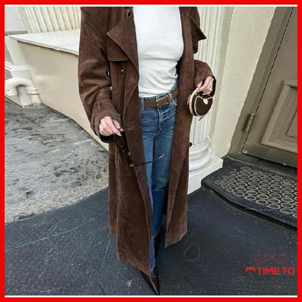Faux Suede Long Trench Coat Double Breasted Belted Slim Fit Overcoat - Picture 5 of 8